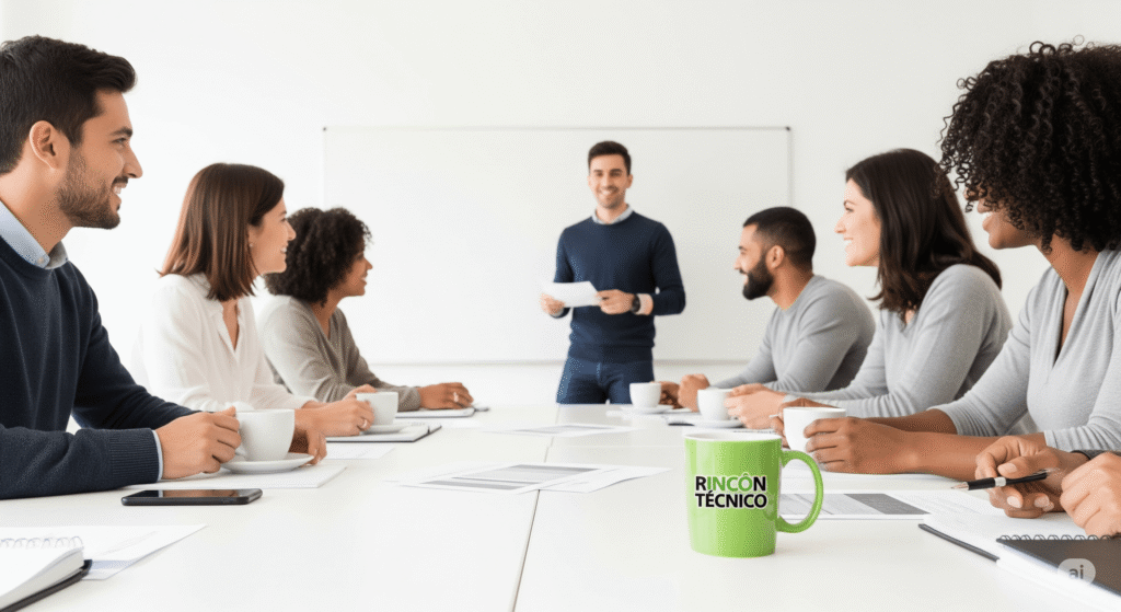 Reunión de personas con formador al fondo en pizarra