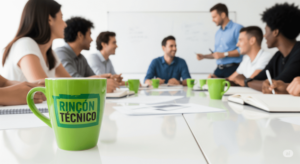 Primer plano de una taza con personas detrás en una reunion