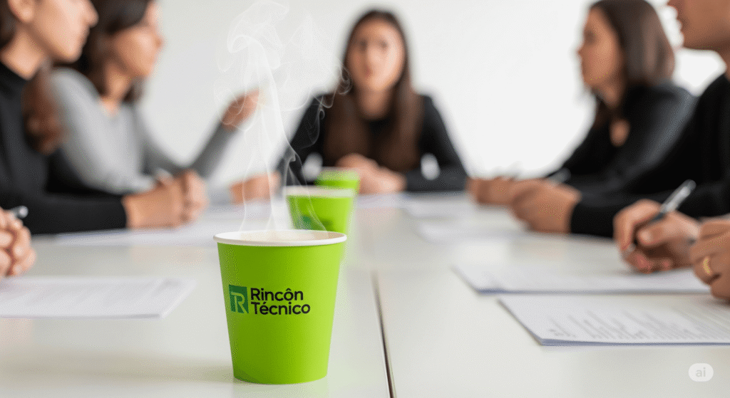 Taza de cafe con personas difuminadas atras